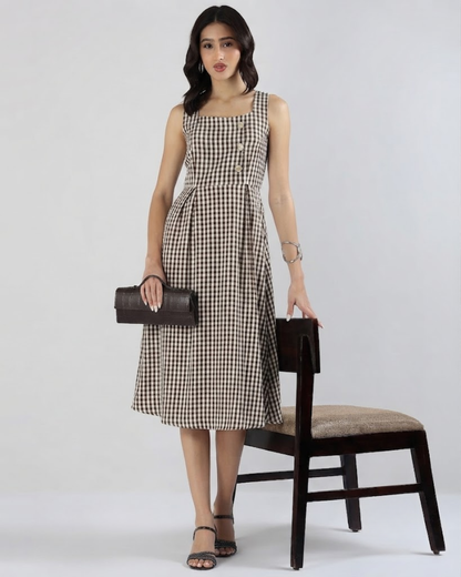 Sands Of India Women’s Brown Gingham Checked Calf-Length Pinafore Midi Dress -3129