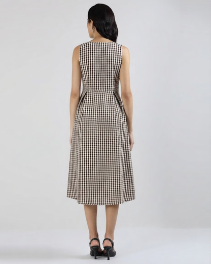 Sands Of India Women’s Brown Gingham Checked Calf-Length Pinafore Midi Dress -3129