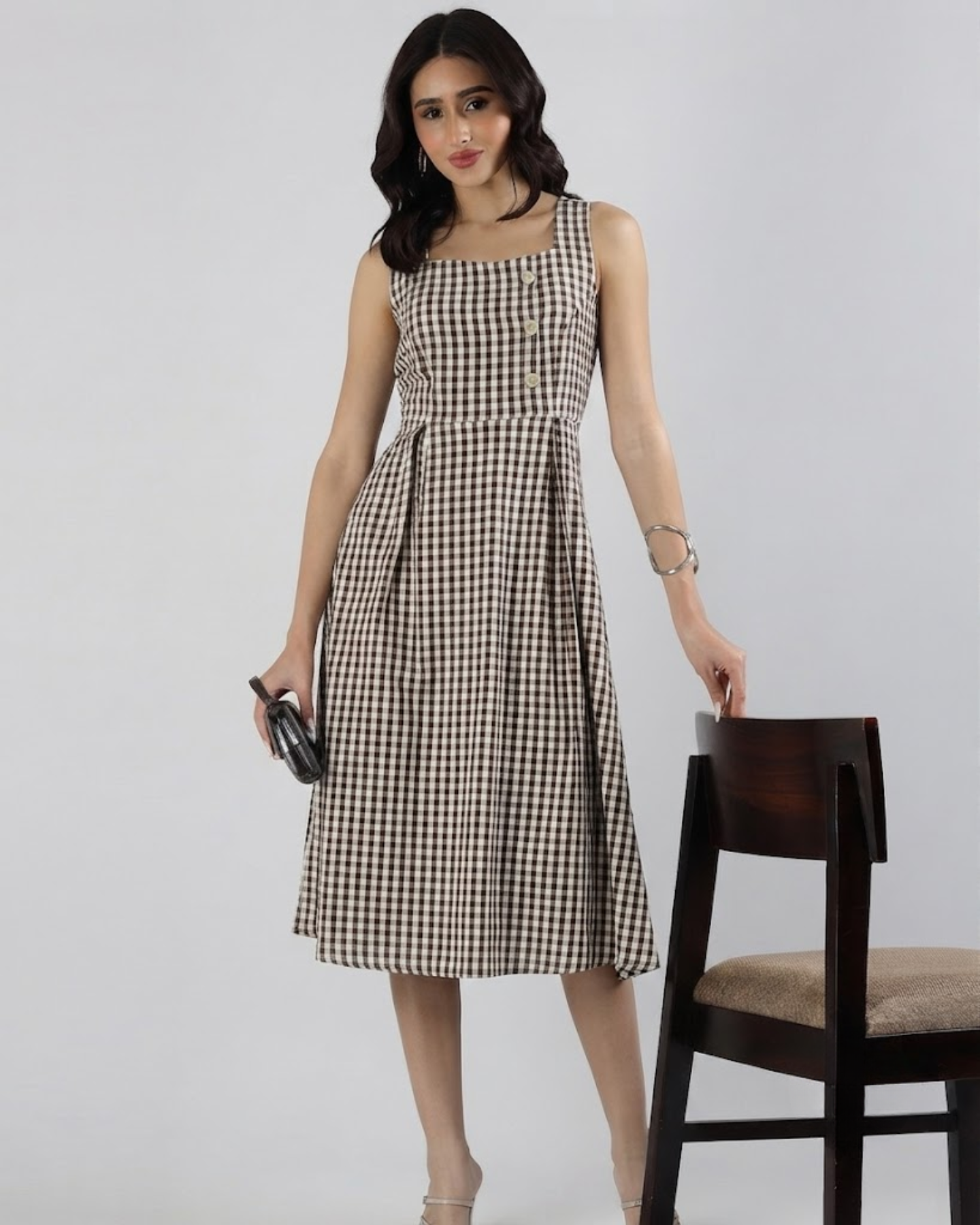 Sands Of India Women’s Brown Gingham Checked Calf-Length Pinafore Midi Dress -3129