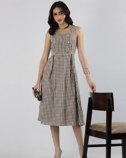 Sands Of India Women’s Brown Gingham Checked Calf-Length Pinafore Midi Dress -3129