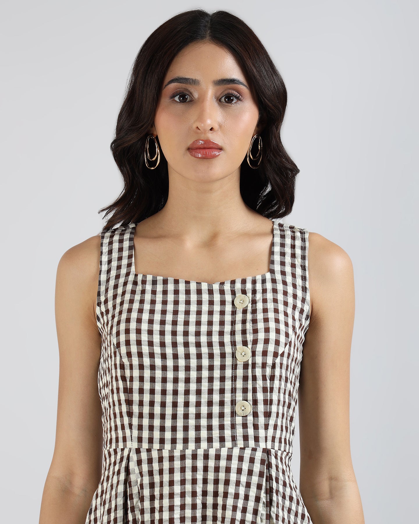 Sands Of India Women’s Brown Gingham Checked Calf-Length Pinafore Midi Dress -3129
