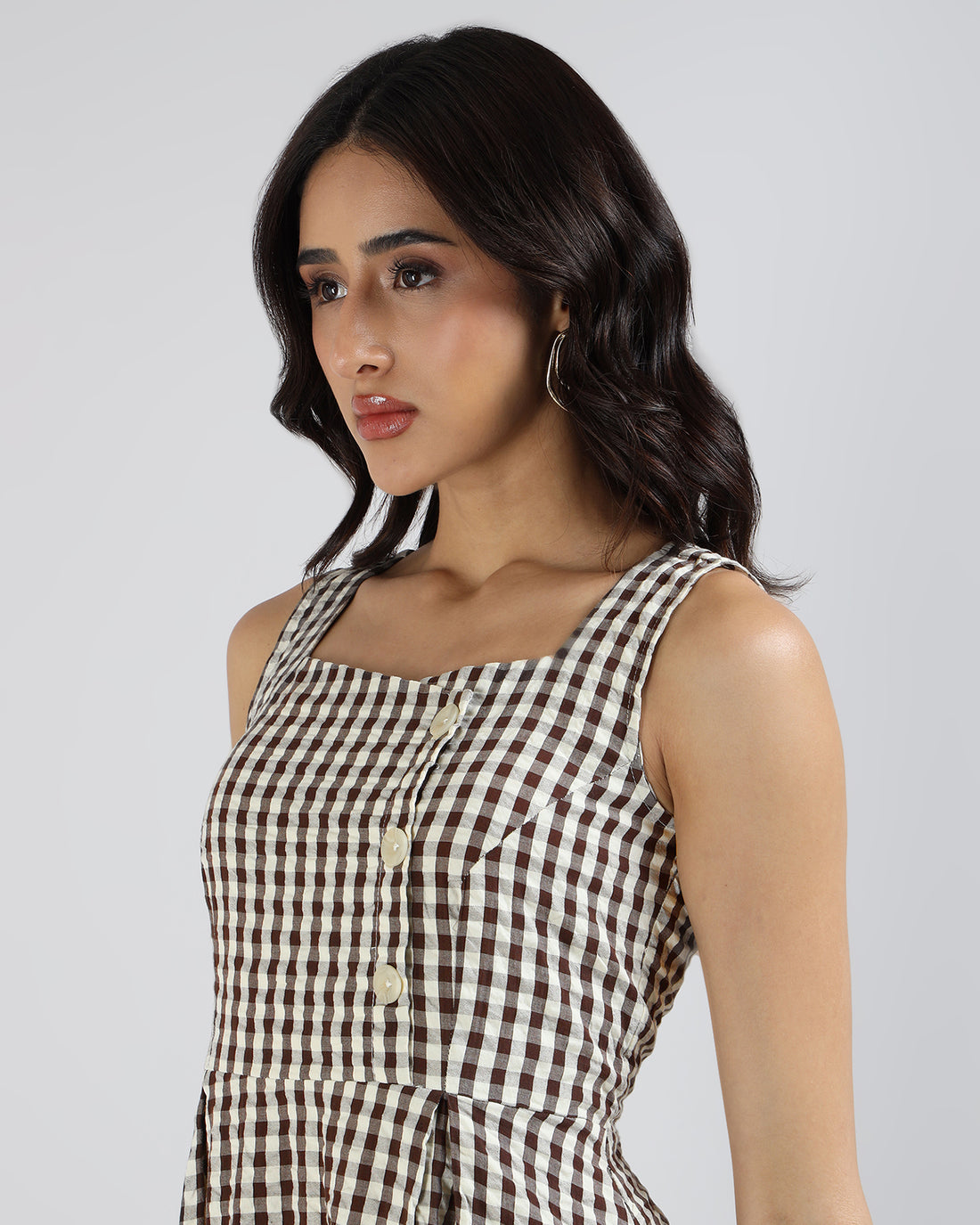 Sands Of India Women’s Brown Gingham Checked Calf-Length Pinafore Midi Dress -3129