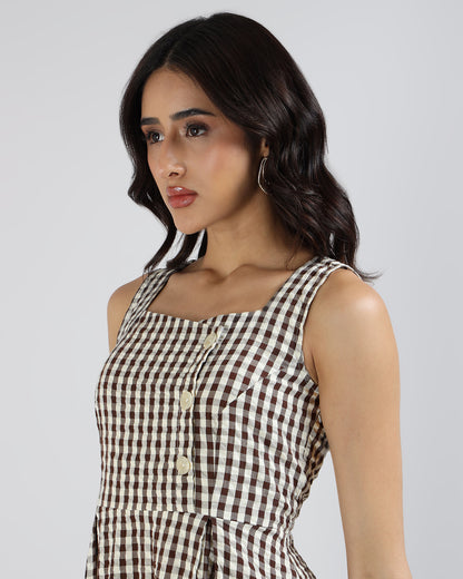 Sands Of India Women’s Brown Gingham Checked Calf-Length Pinafore Midi Dress -3129