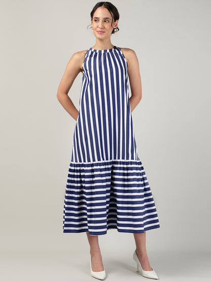 Women’s Blue Off-White Striped Halter Neck Flounce Hem Dress - 3090