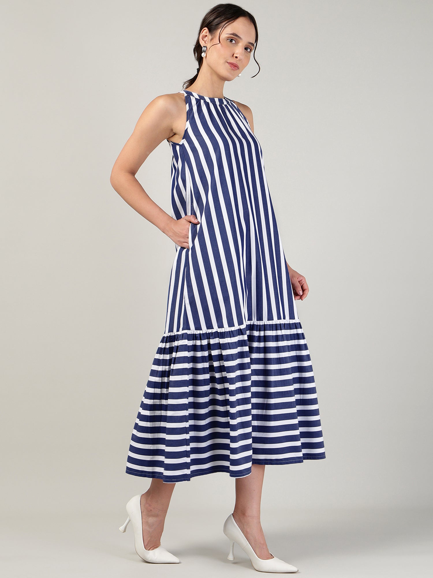 Women’s Blue Off-White Striped Halter Neck Flounce Hem Dress - 3090
