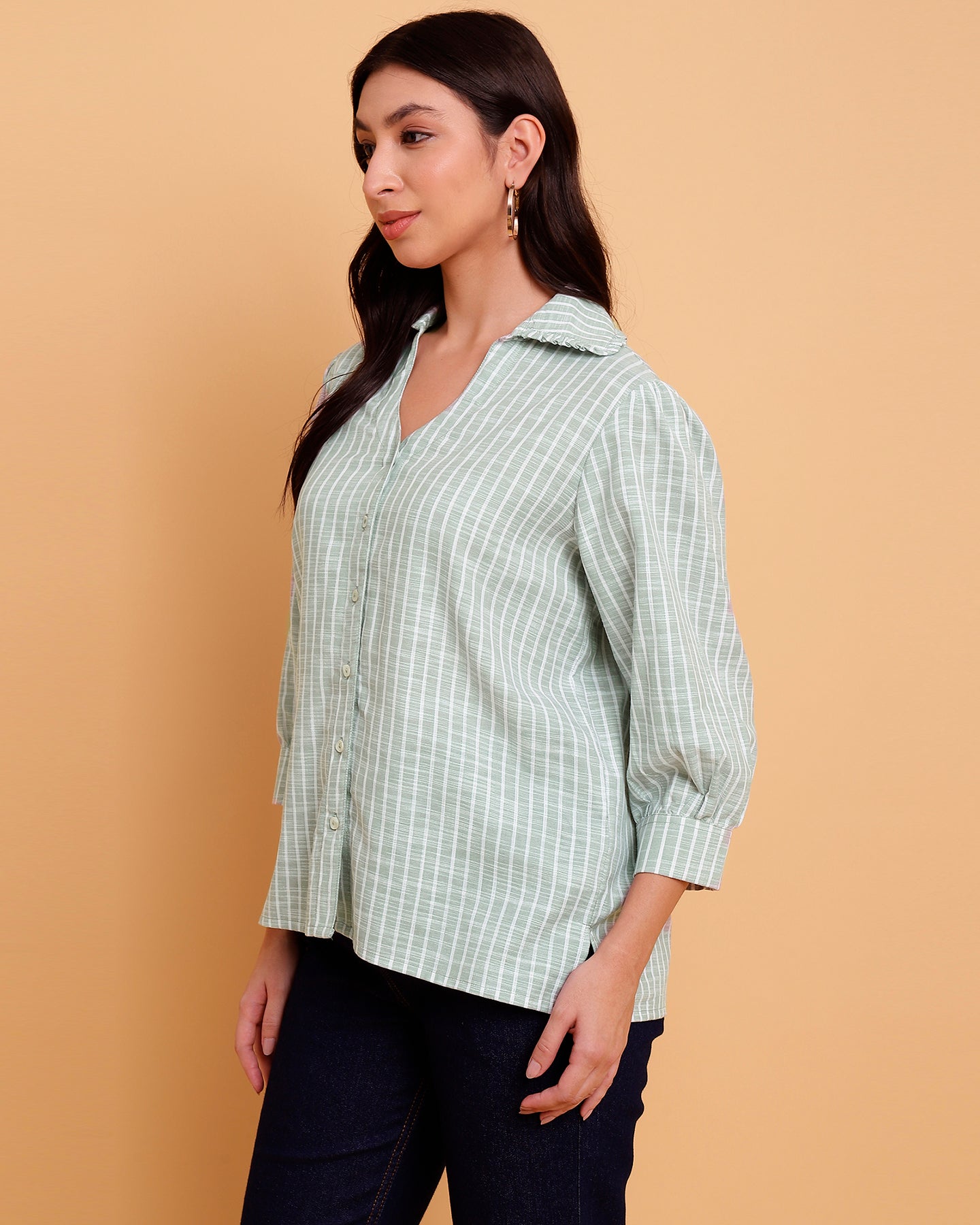 Oversize Green Stripe Shirt With Ruffle Collar - 2906