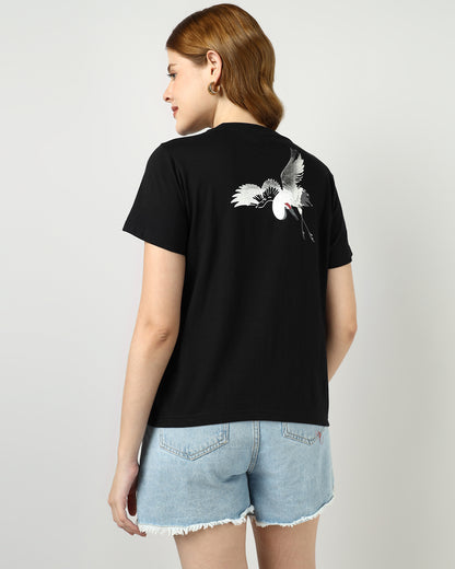 BLACK Regular T-shirt with Sliver Flamingo print - 2992