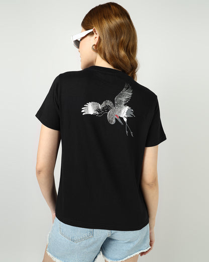 BLACK Regular T-shirt with Sliver Flamingo print - 2992