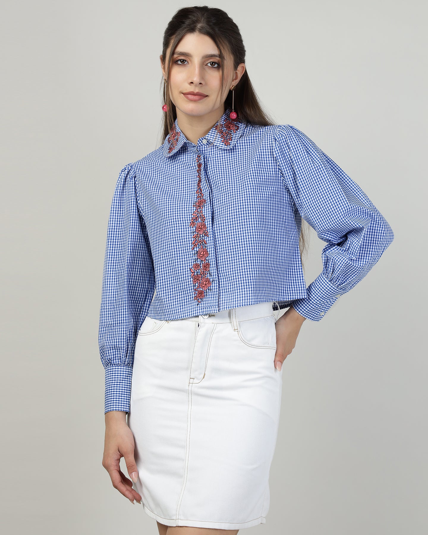 Blue Gingham Crop Shirt With Embroidery-2910