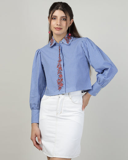 Blue Gingham Crop Shirt With Embroidery-2910