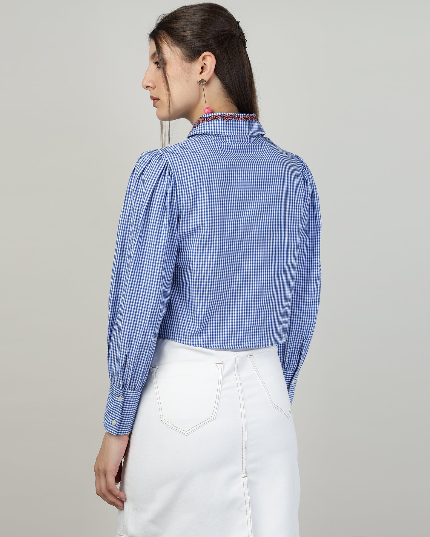 Blue Gingham Crop Shirt With Embroidery-2910