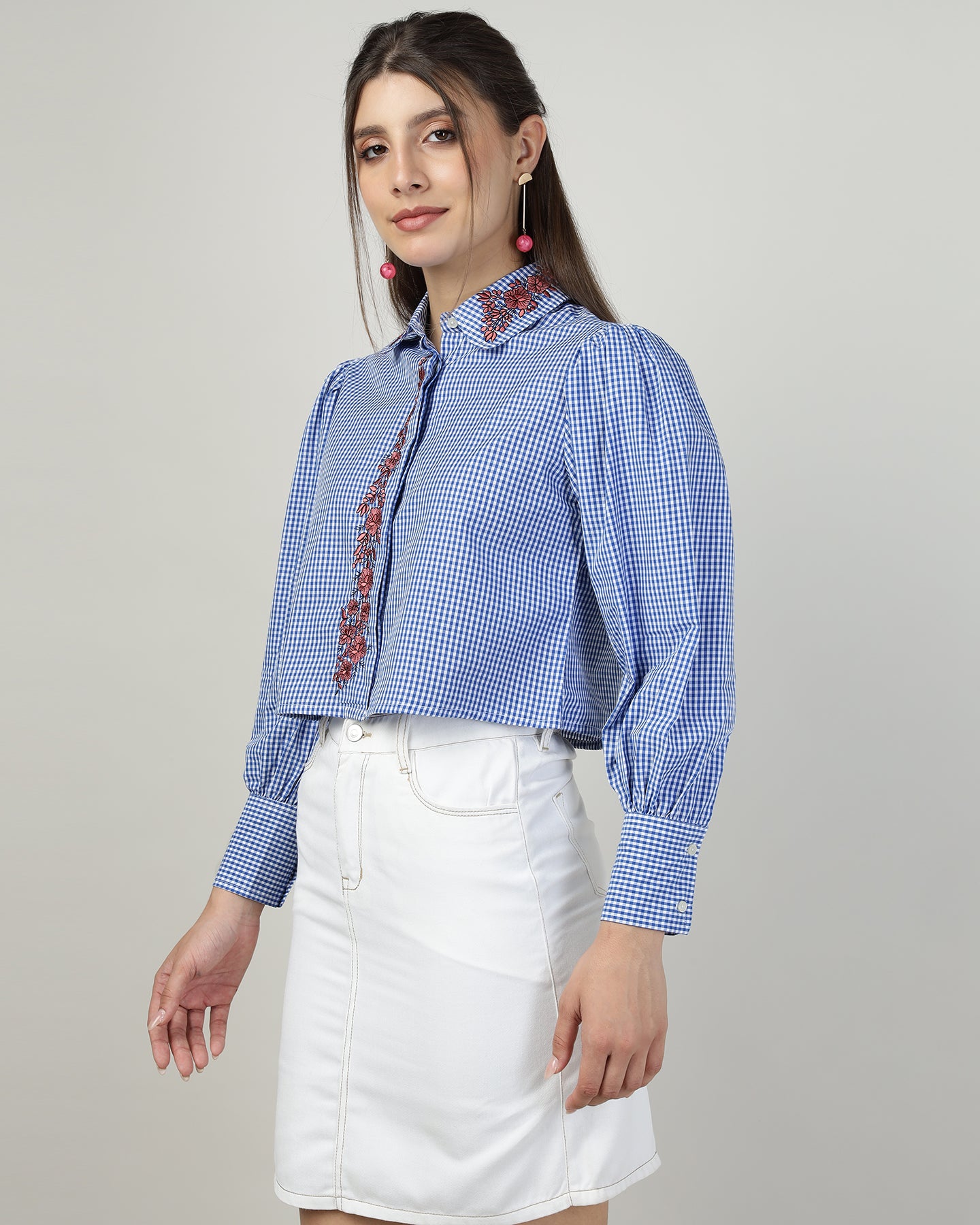 Blue Gingham Crop Shirt With Embroidery-2910