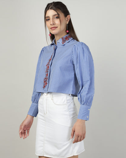Blue Gingham Crop Shirt With Embroidery-2910