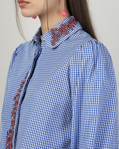 Blue Gingham Crop Shirt With Embroidery-2910