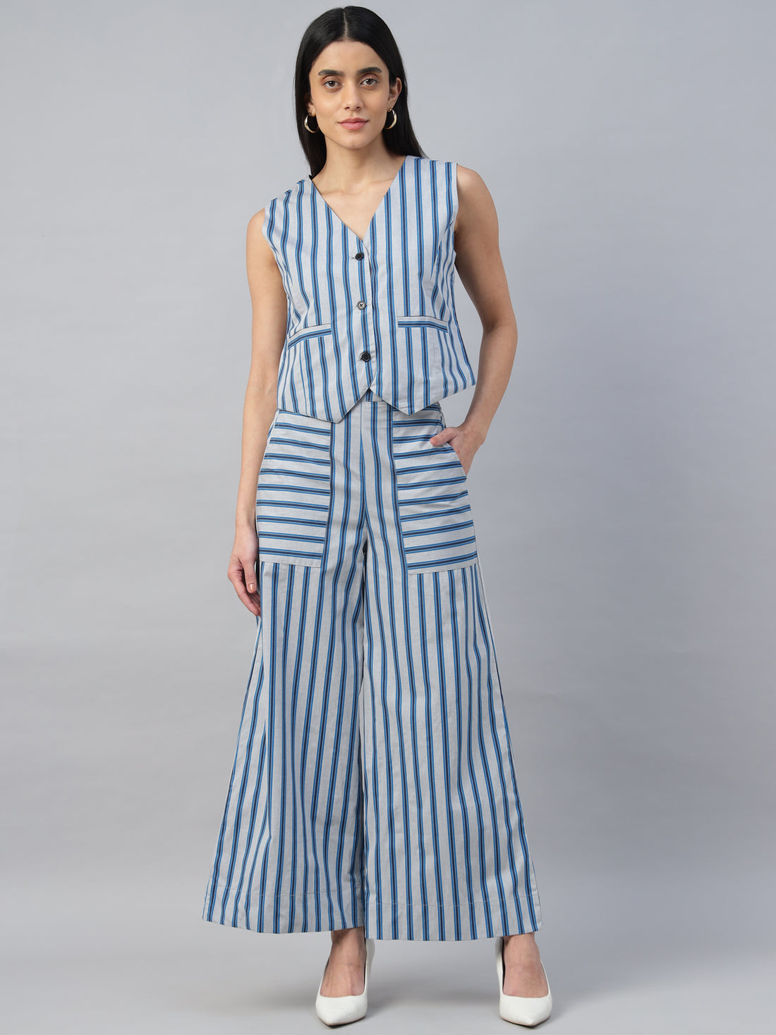 STRIPPED CORD SET WITH REVERSIBLE WAIST COAT AND HIGH WAIST TROUSER-2947