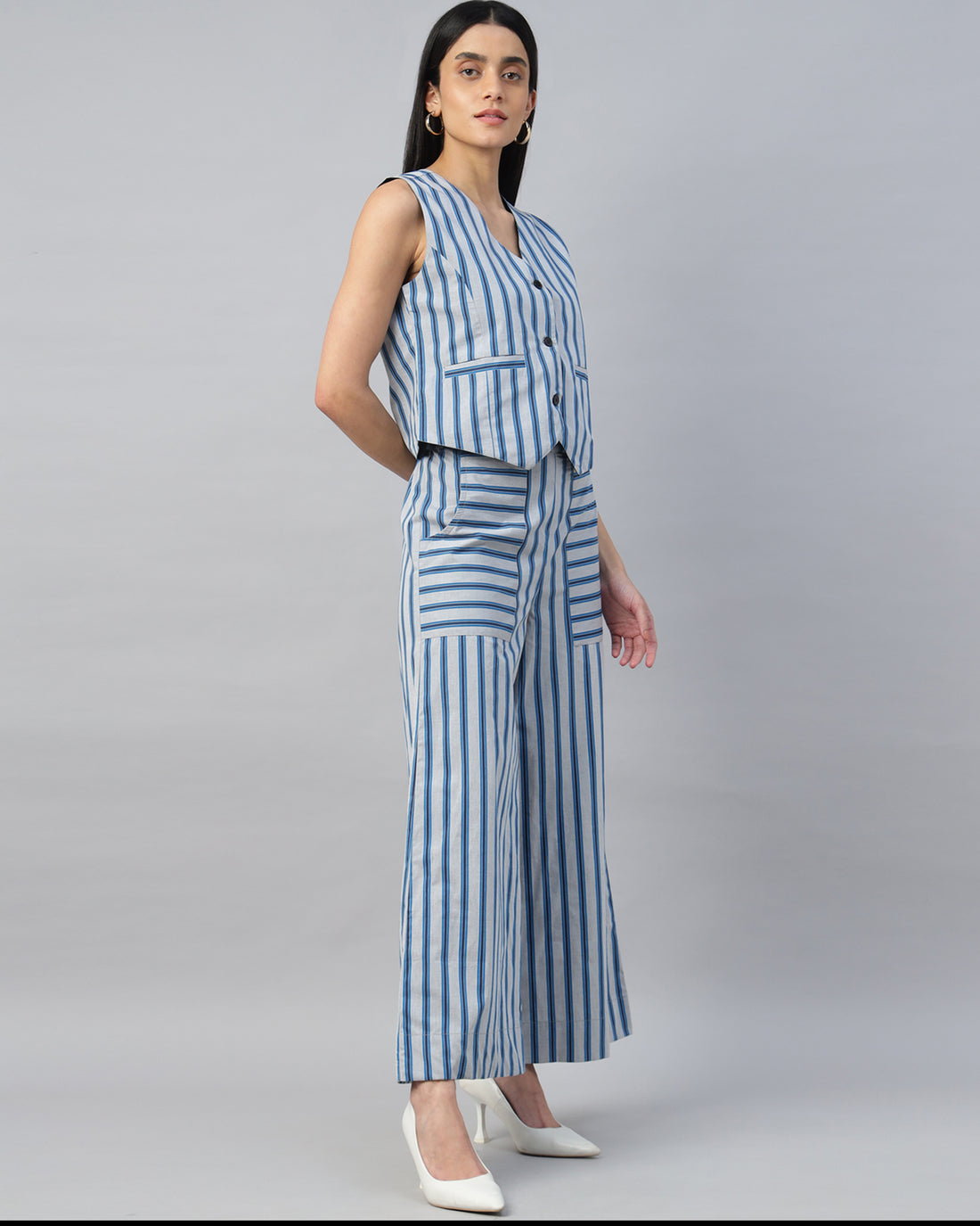 STRIPPED CORD SET WITH REVERSIBLE WAIST COAT AND HIGH WAIST TROUSER-2947