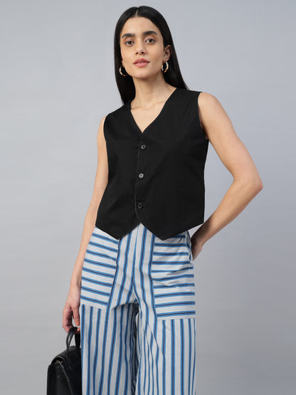 V-neck Reversible with stripped front and solid black sleeveless waist coat - 2943