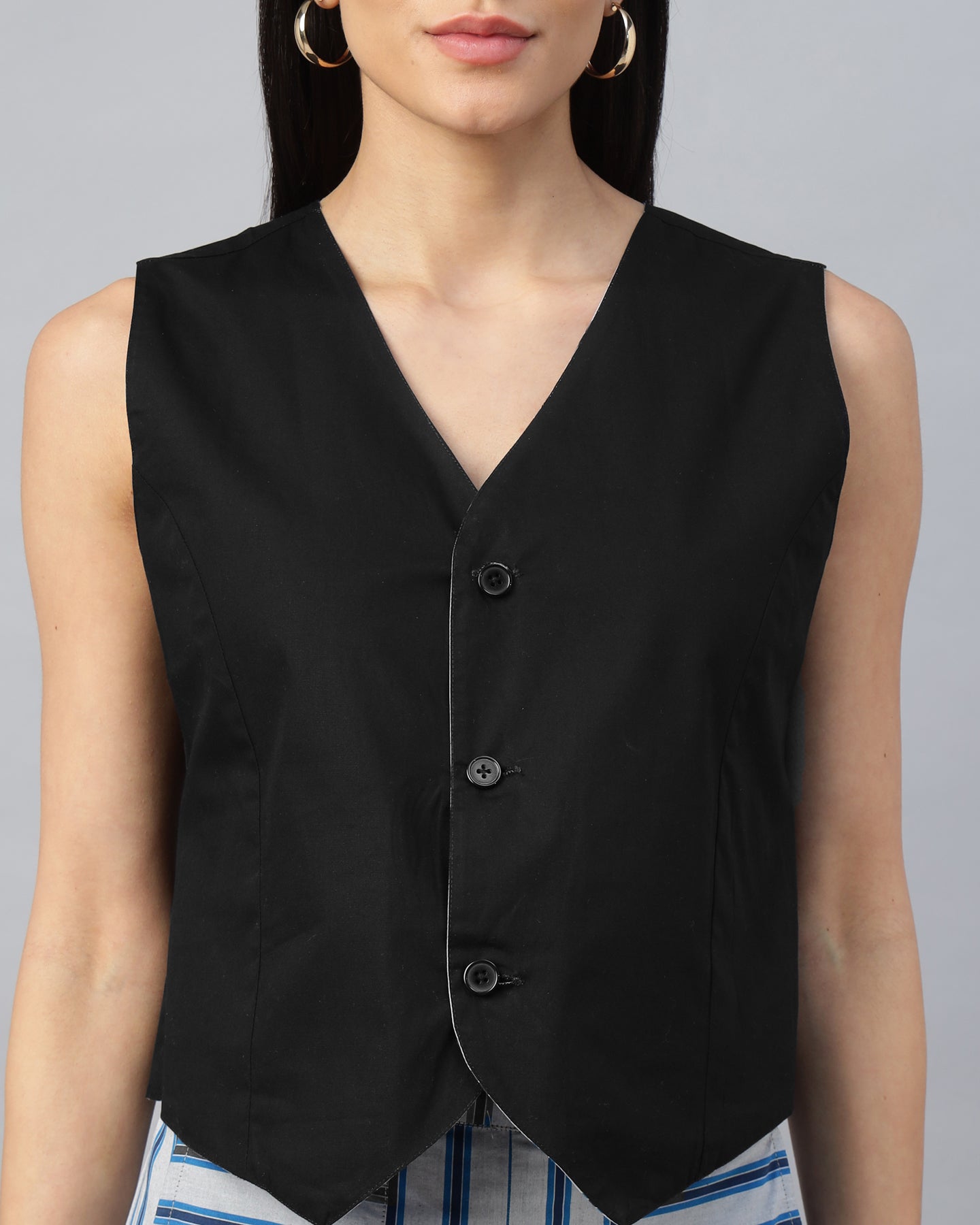 V-neck Reversible with stripped front and solid black sleeveless waist coat - 2943