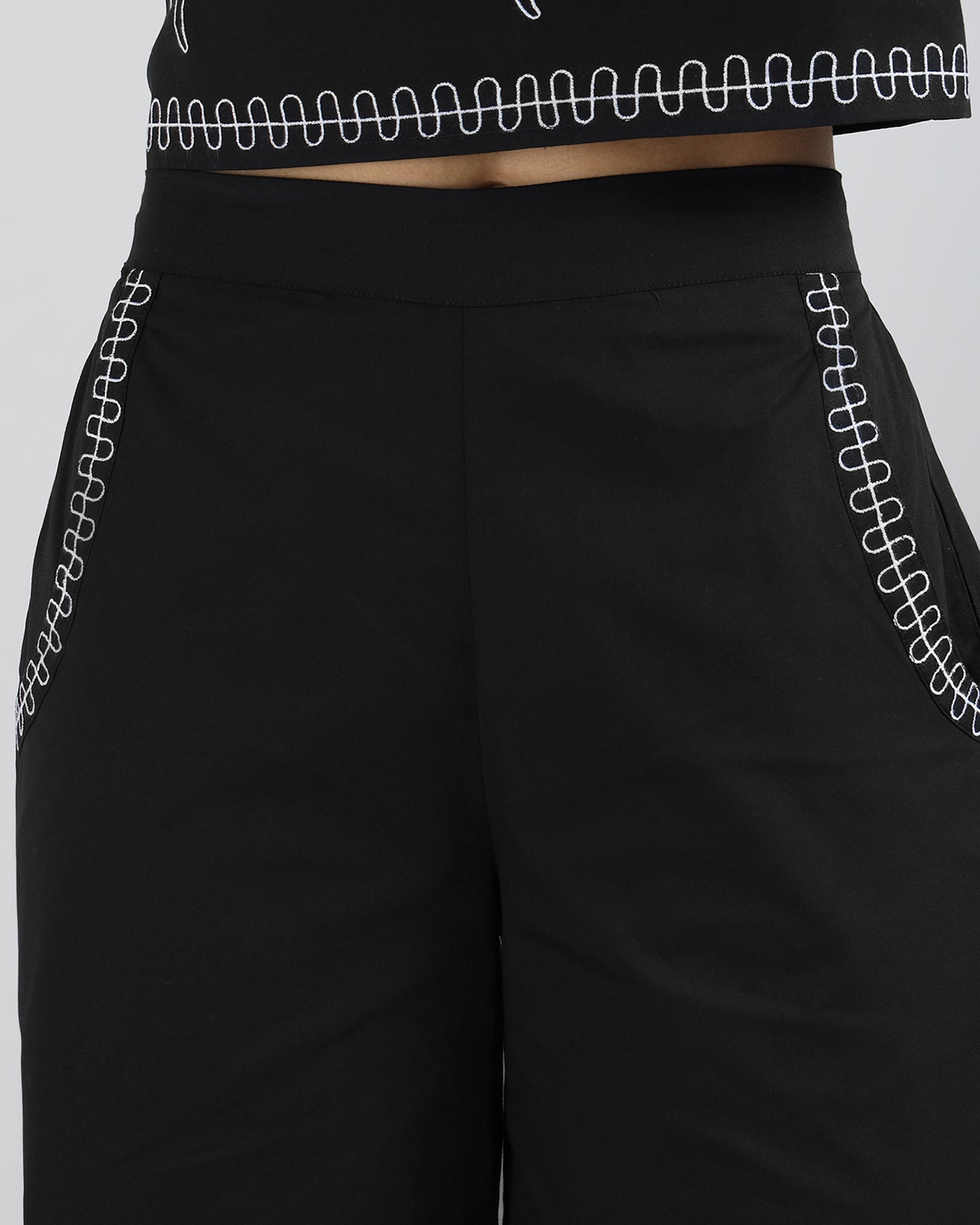 Sands Of India Women’s Black Cotton Co-ord Set with Contrast Embroidery Sleeveless Top with Wide Leg Pants -3114