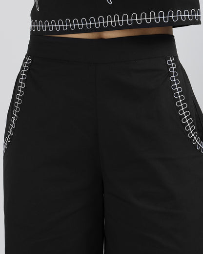 Sands Of India Women’s Black Cotton Co-ord Set with Contrast Embroidery Sleeveless Top with Wide Leg Pants -3114