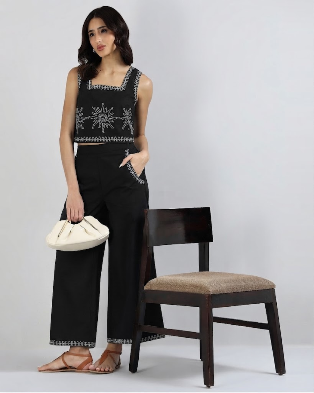 Sands Of India Women’s Black Cotton Co-ord Set with Contrast Embroidery Sleeveless Top with Wide Leg Pants -3114