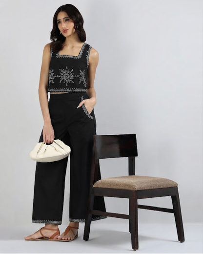 Sands Of India Women’s Black Cotton Co-ord Set with Contrast Embroidery Sleeveless Top with Wide Leg Pants -3114