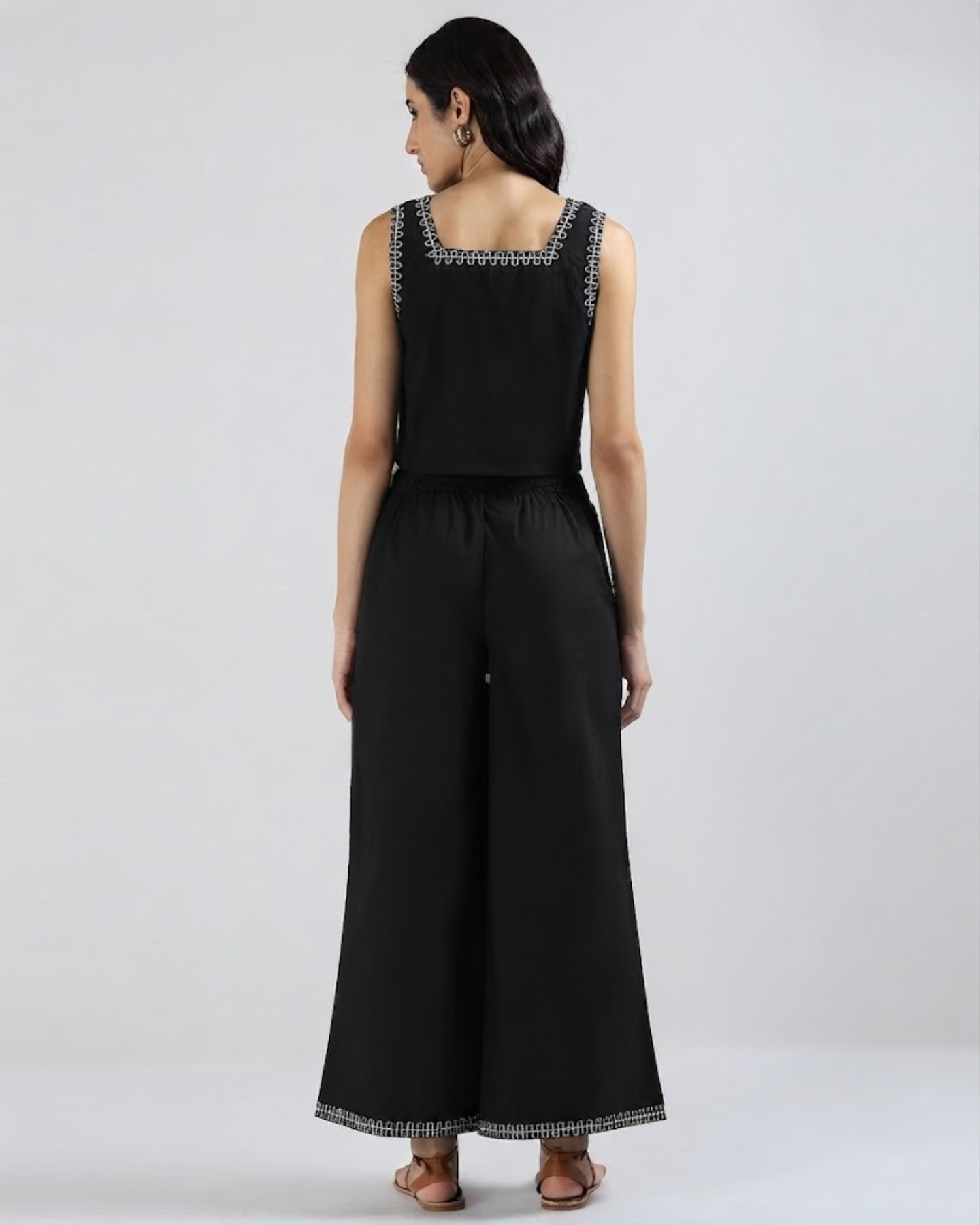 Sands Of India Women’s Black Cotton Co-ord Set with Contrast Embroidery Sleeveless Top with Wide Leg Pants -3114