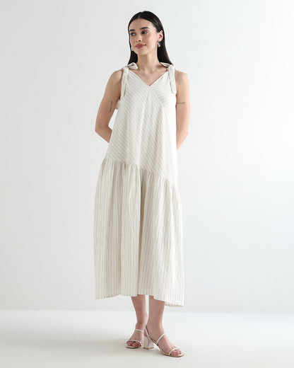 Women’s White Textured Bias-Cut Maxi Dress with Adjustable Straps &amp; Lining - 3109