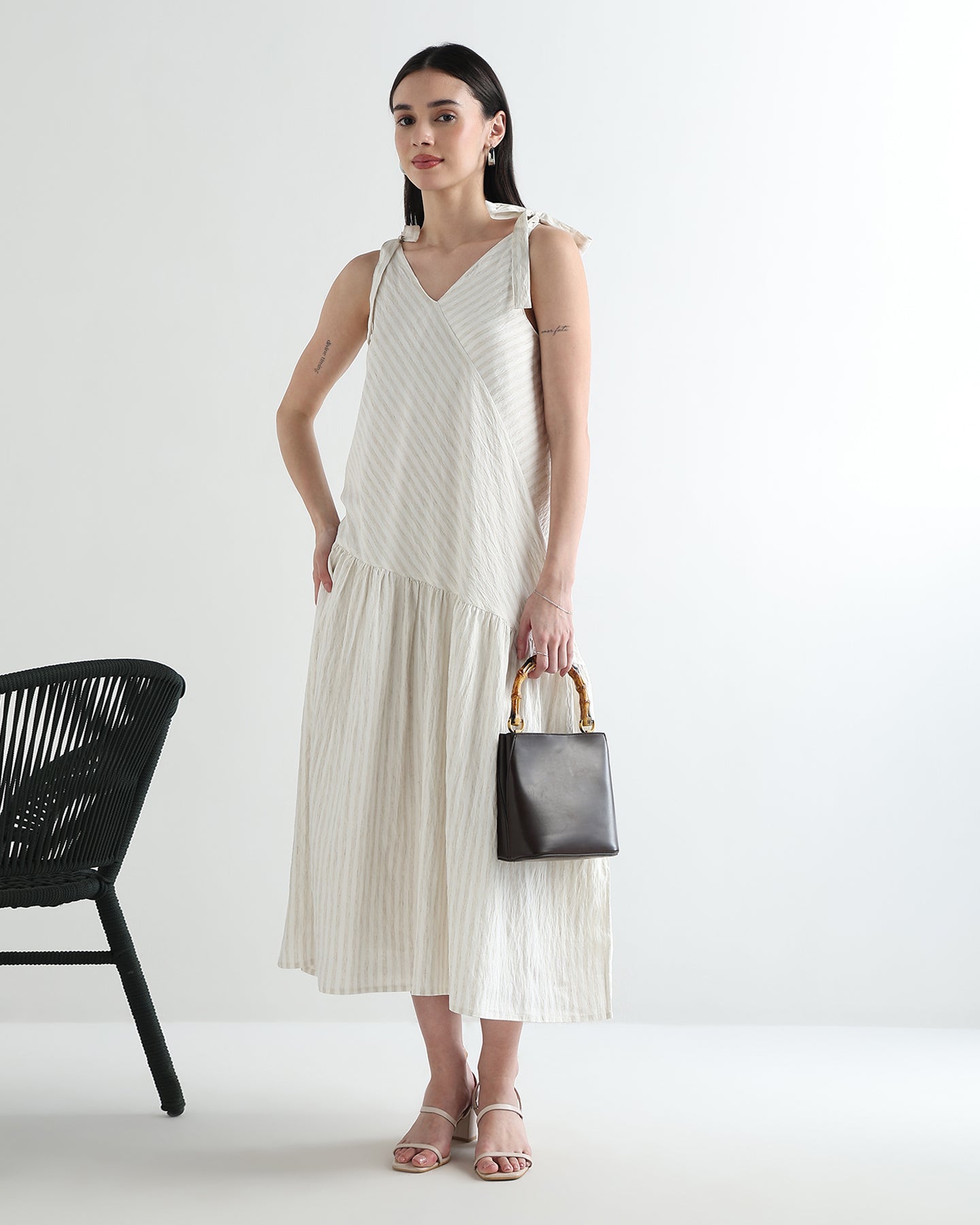 Women’s White Textured Bias-Cut Maxi Dress with Adjustable Straps &amp; Lining - 3109
