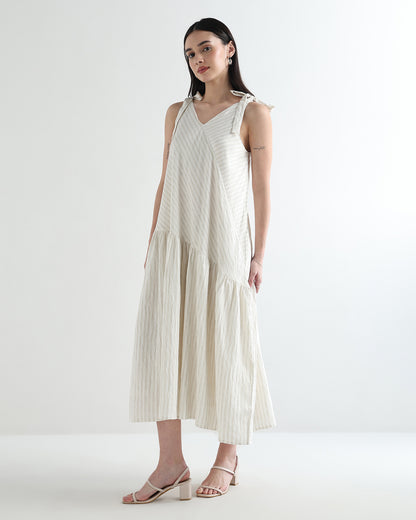 Women’s White Textured Bias-Cut Maxi Dress with Adjustable Straps &amp; Lining - 3109