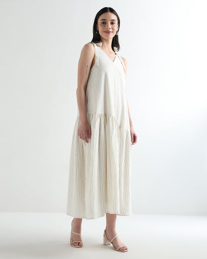 Women’s White Textured Bias-Cut Maxi Dress with Adjustable Straps &amp; Lining - 3109