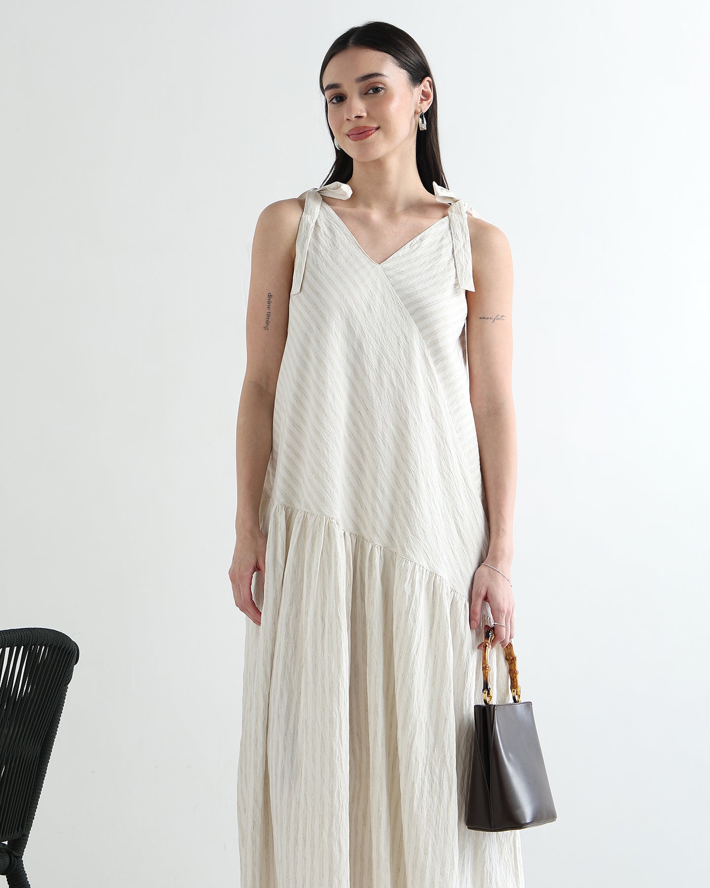 Women’s White Textured Bias-Cut Maxi Dress with Adjustable Straps &amp; Lining - 3109