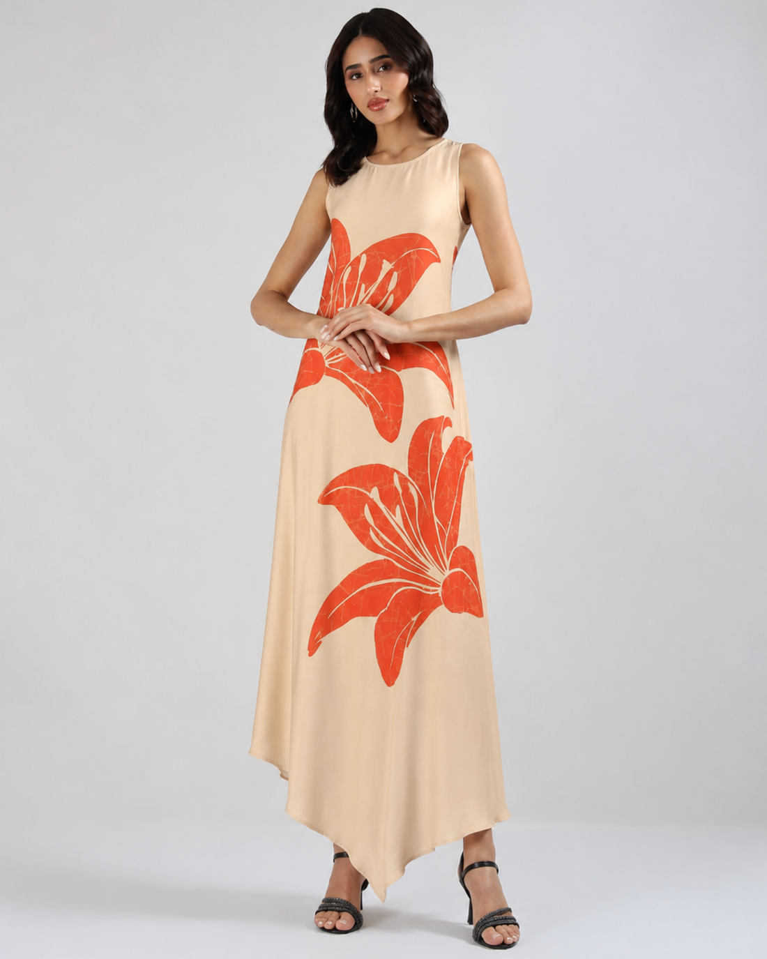 Sands of India Women Floral Print Sleeveless Asymmetric Hem A-Line Maxi Novelle Beige Dress - 3120