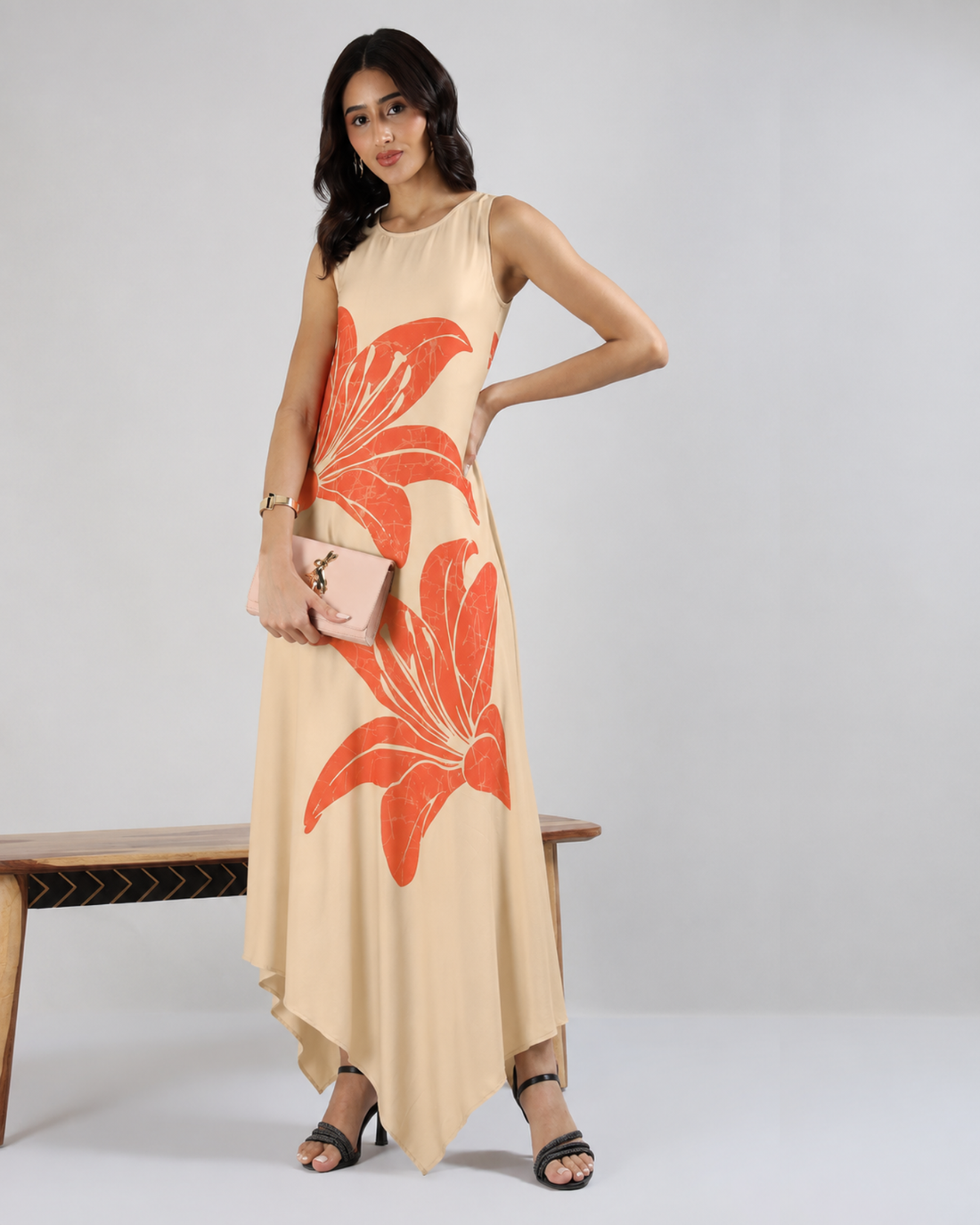 Sands of India Women Floral Print Sleeveless Asymmetric Hem A-Line Maxi Novelle Beige Dress - 3120