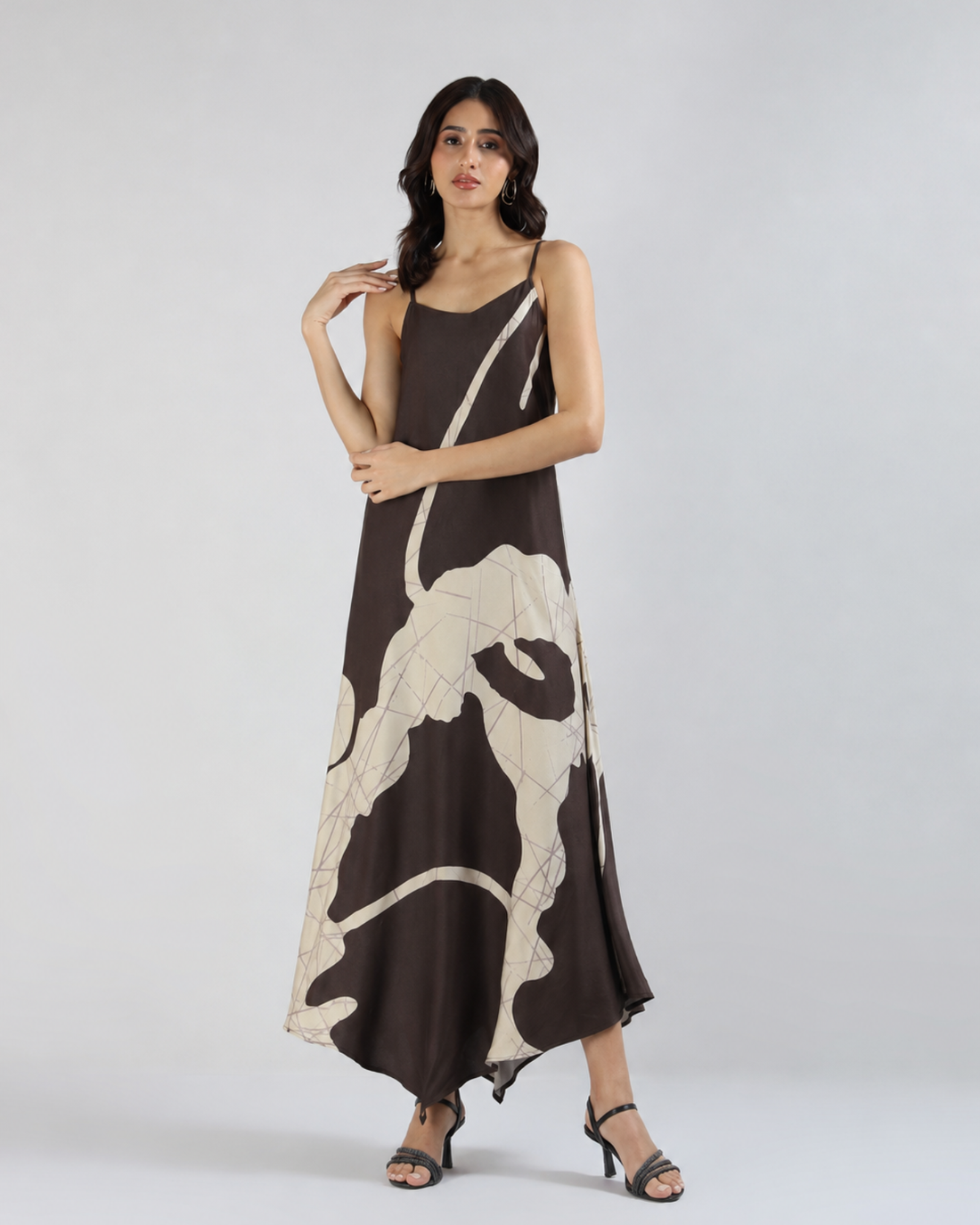 Sands of India Women Abstract Print Asymmetric Hem A-Line Brown Maxi Dress -3121