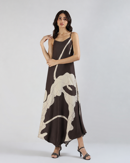 Sands of India Women Abstract Print Asymmetric Hem A-Line Brown Maxi Dress -3121