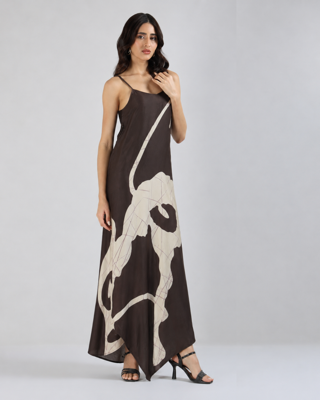 Sands of India Women Abstract Print Asymmetric Hem A-Line Brown Maxi Dress -3121