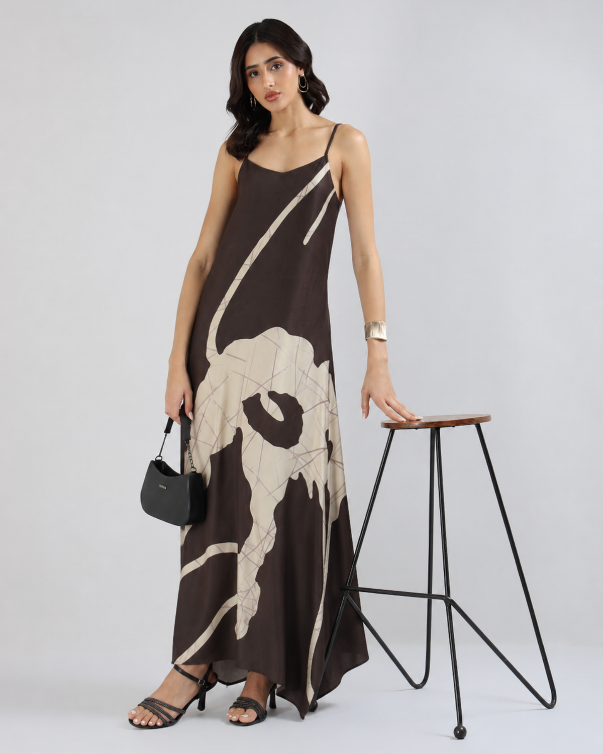 Sands of India Women Abstract Print Asymmetric Hem A-Line Brown Maxi Dress -3121