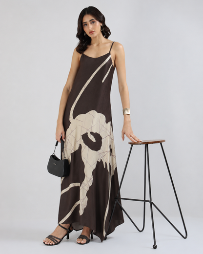 Sands of India Women Abstract Print Asymmetric Hem A-Line Brown Maxi Dress -3121