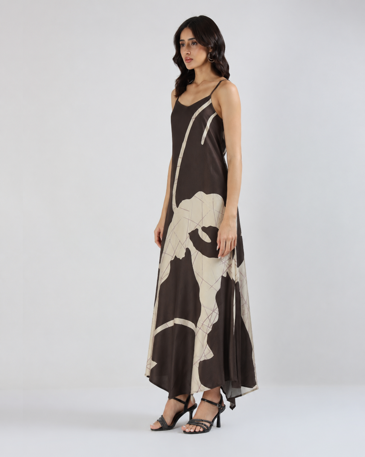 Sands of India Women Abstract Print Asymmetric Hem A-Line Brown Maxi Dress -3121
