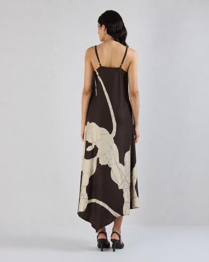 Sands of India Women Abstract Print Asymmetric Hem A-Line Brown Maxi Dress -3121