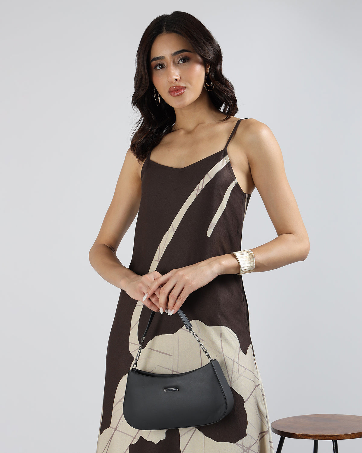 Sands of India Women Abstract Print Asymmetric Hem A-Line Brown Maxi Dress -3121