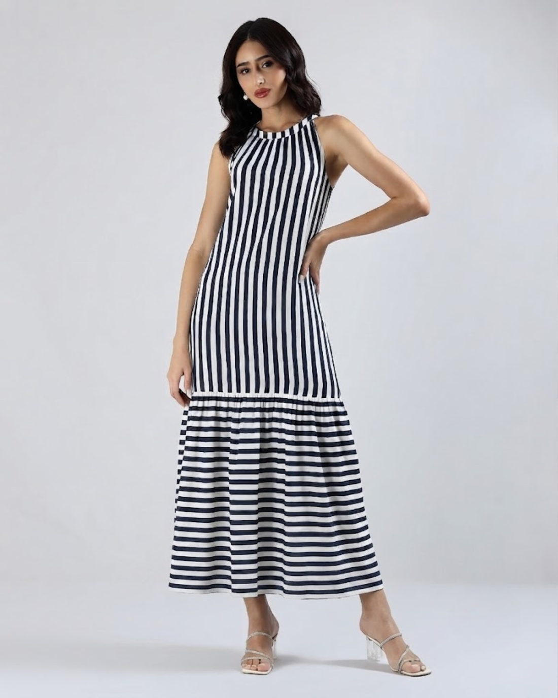 Sands Of India Women’s Blue &amp; Off-White Striped Halter Neck Flounce Hem Dress - 3127