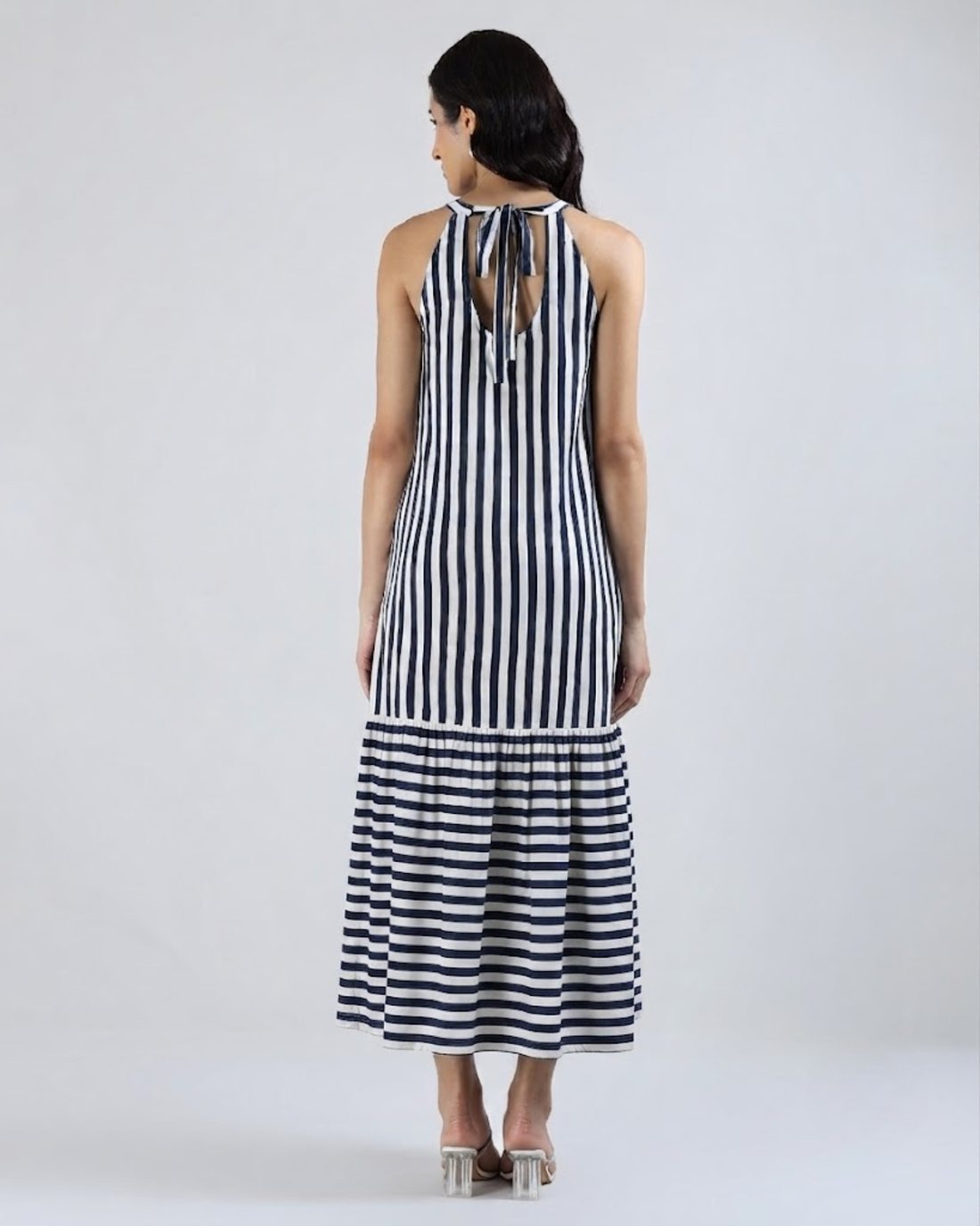 Sands Of India Women’s Blue &amp; Off-White Striped Halter Neck Flounce Hem Dress - 3127
