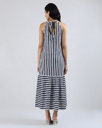 Sands Of India Women’s Blue &amp; Off-White Striped Halter Neck Flounce Hem Dress - 3127