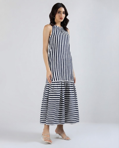Sands Of India Women’s Blue &amp; Off-White Striped Halter Neck Flounce Hem Dress - 3127