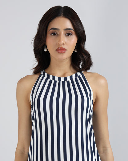 Sands Of India Women’s Blue &amp; Off-White Striped Halter Neck Flounce Hem Dress - 3127
