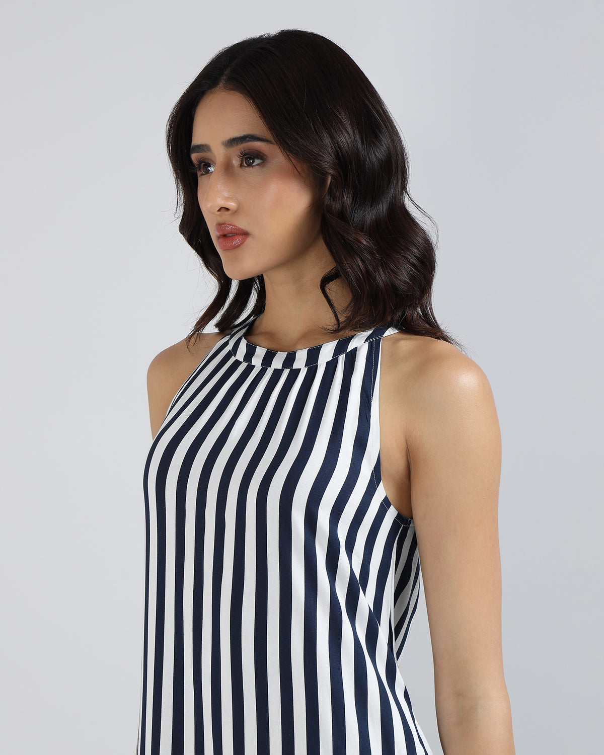 Sands Of India Women’s Blue &amp; Off-White Striped Halter Neck Flounce Hem Dress - 3127