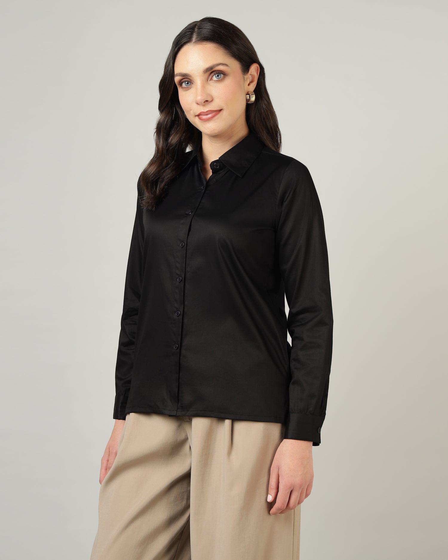 Women’s Black Cotton Satin Regular Fit Shirt -3064