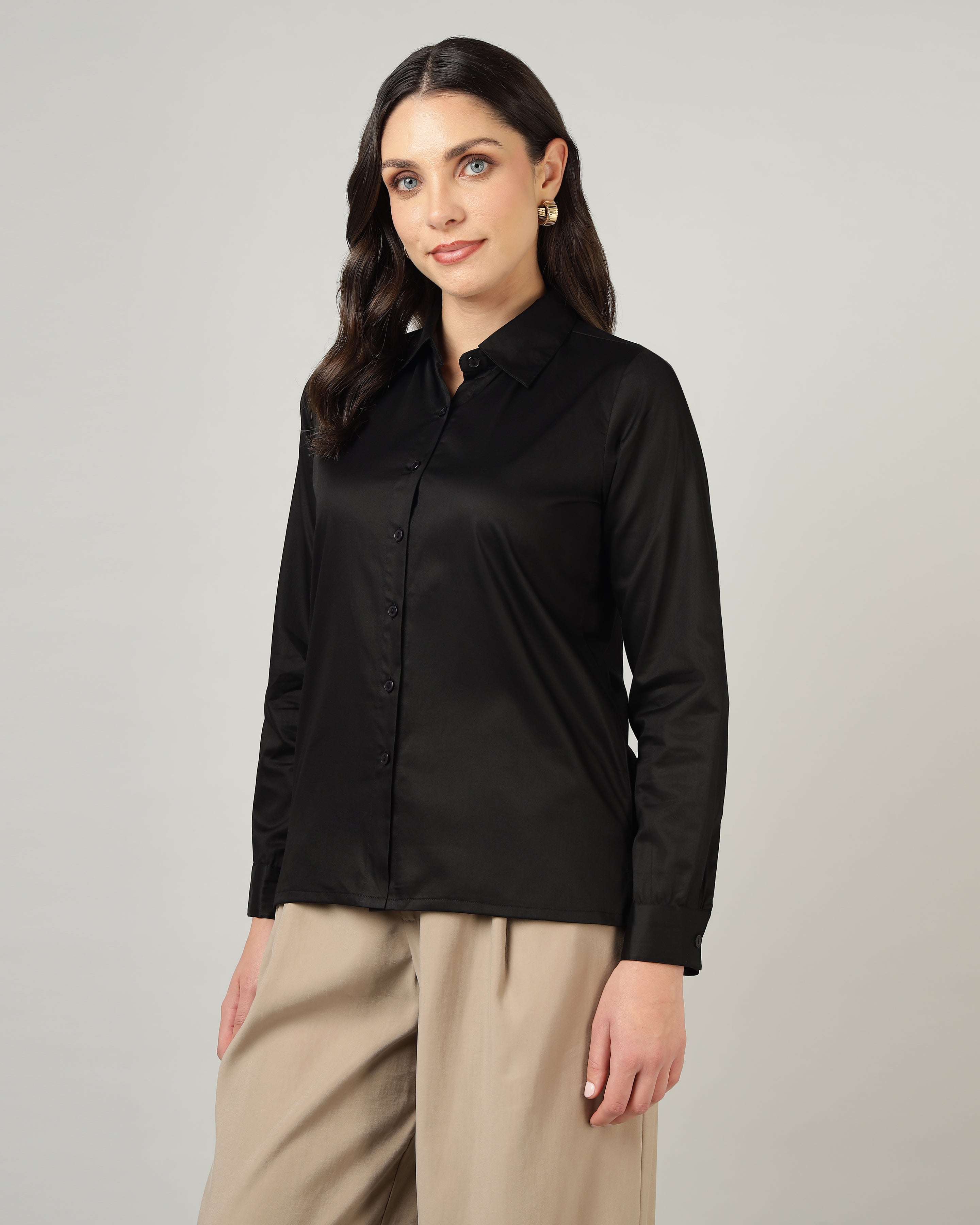 Women’s Black Cotton Satin Regular Fit Shirt -3064